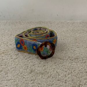 Embroidered Floral Blue Cotton Belt with Tortoise Buckle